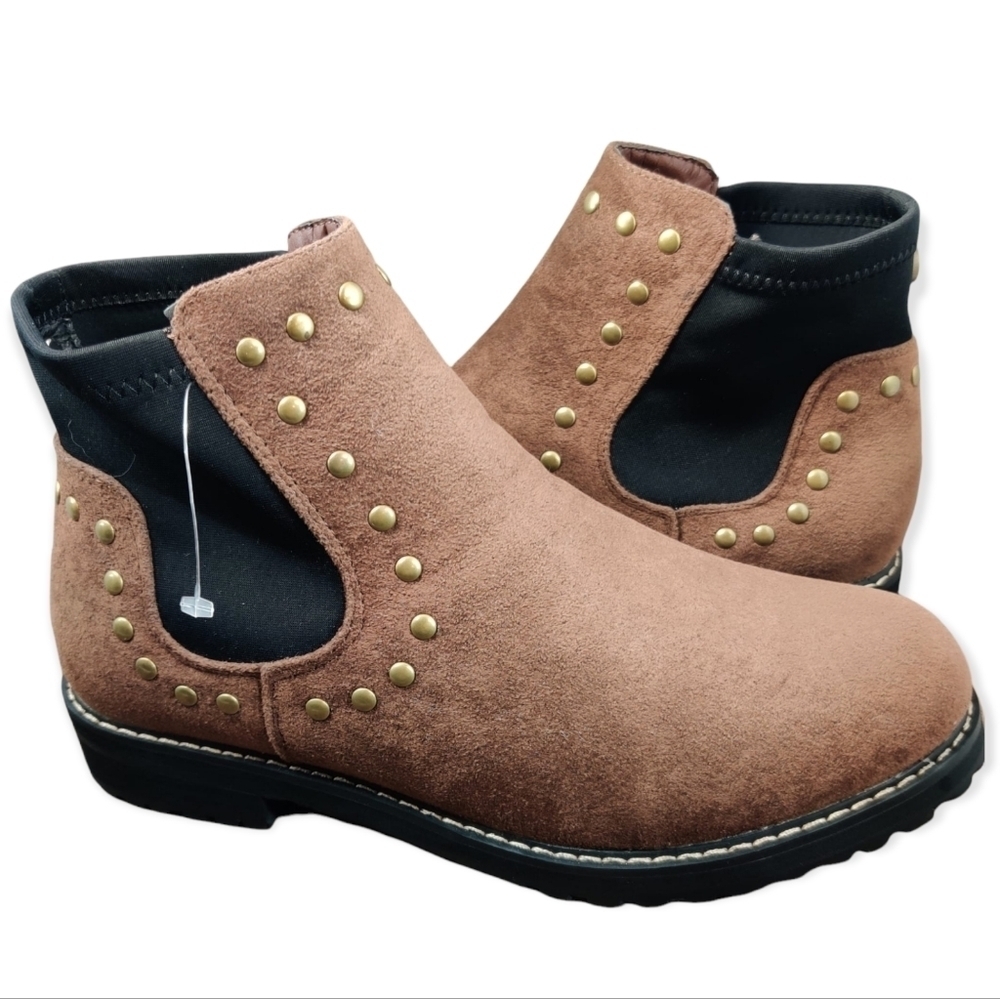 SEVEN7 Romanoff Waterproof Ankle Boot Faux Suede Brown Studs Neoprene Lug‎ Sole